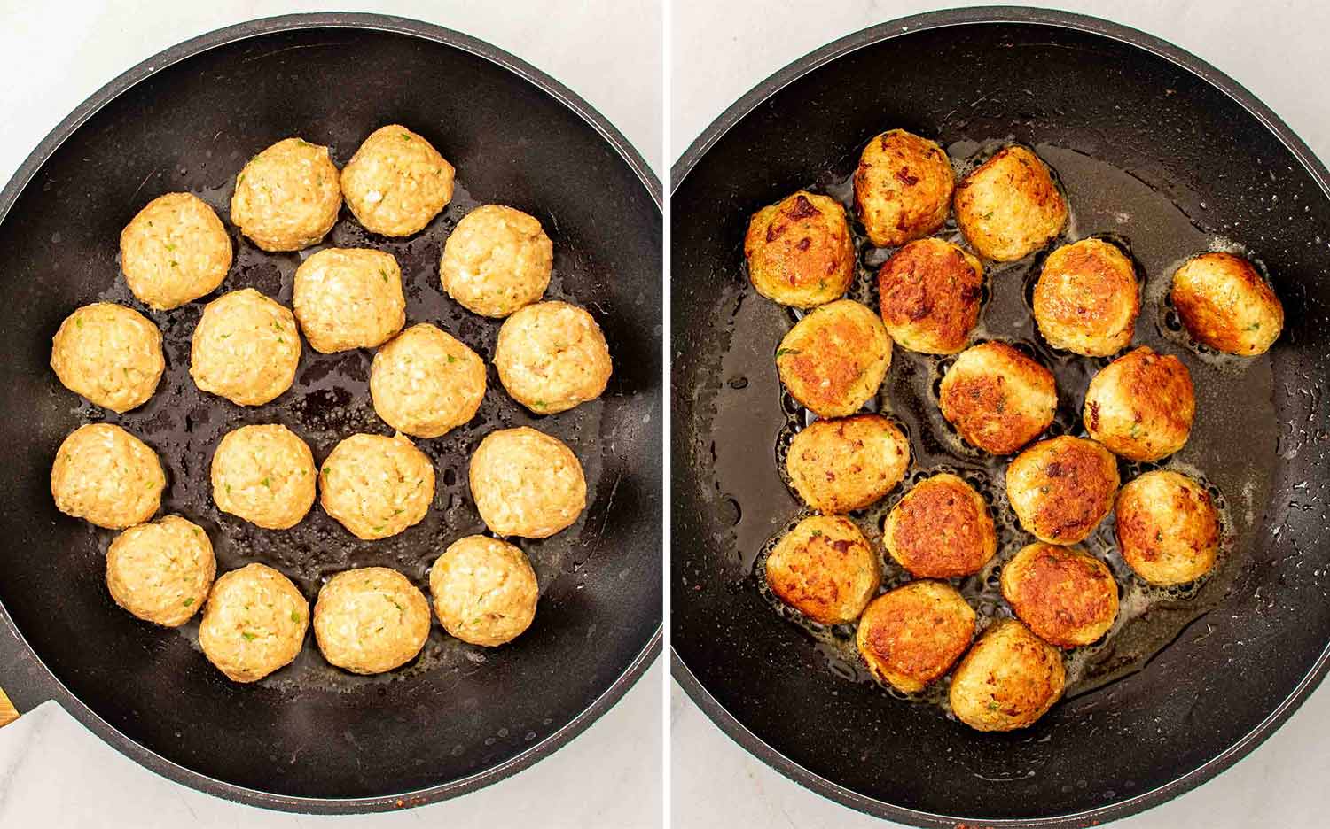 process shots showing how to make chicken meatballs in lemon butter sauce.