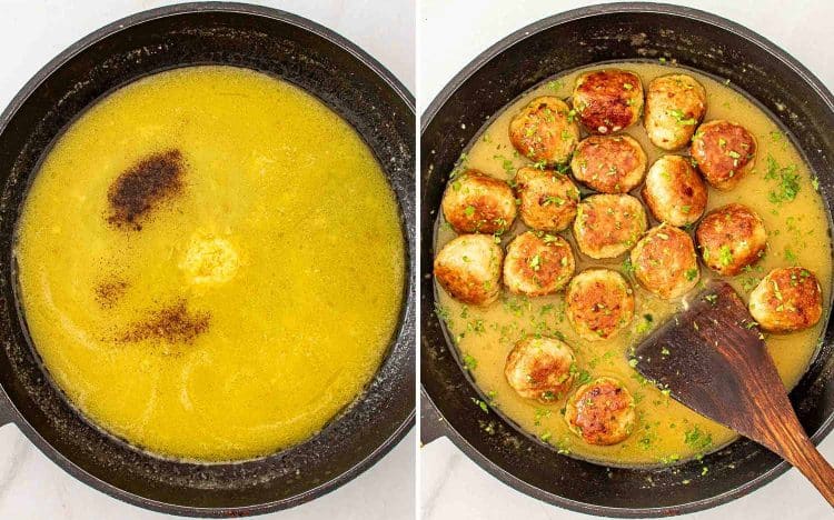 process shots showing how to make chicken meatballs in lemon butter sauce.