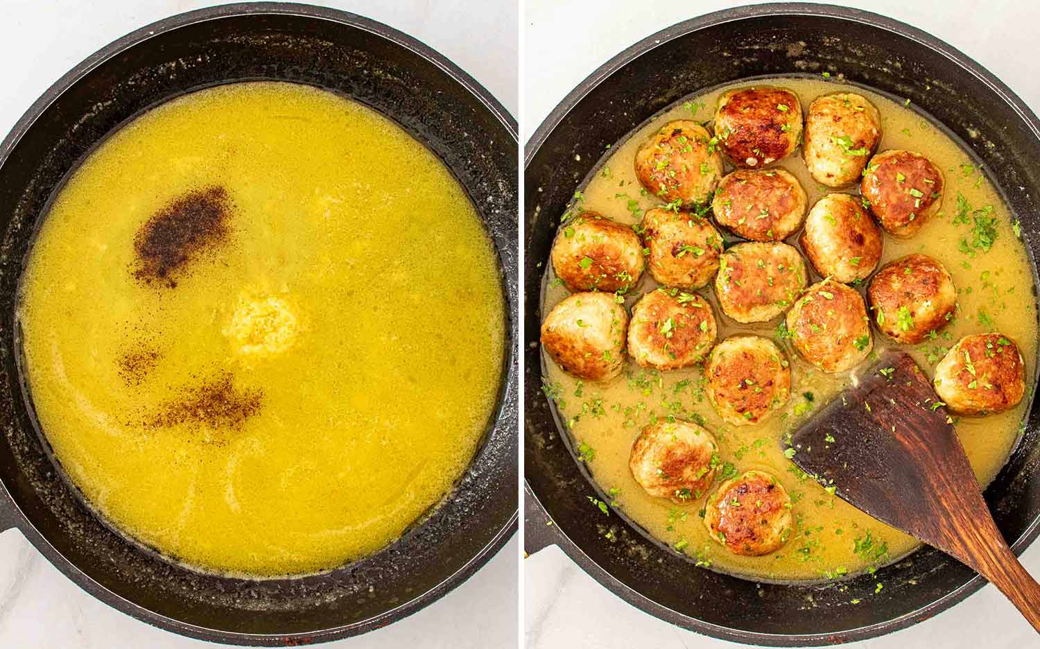 process shots showing how to make chicken meatballs in lemon butter sauce.