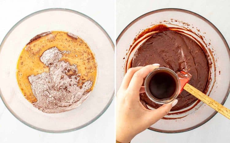 process shots showing how to make double chocolate loaf cake.