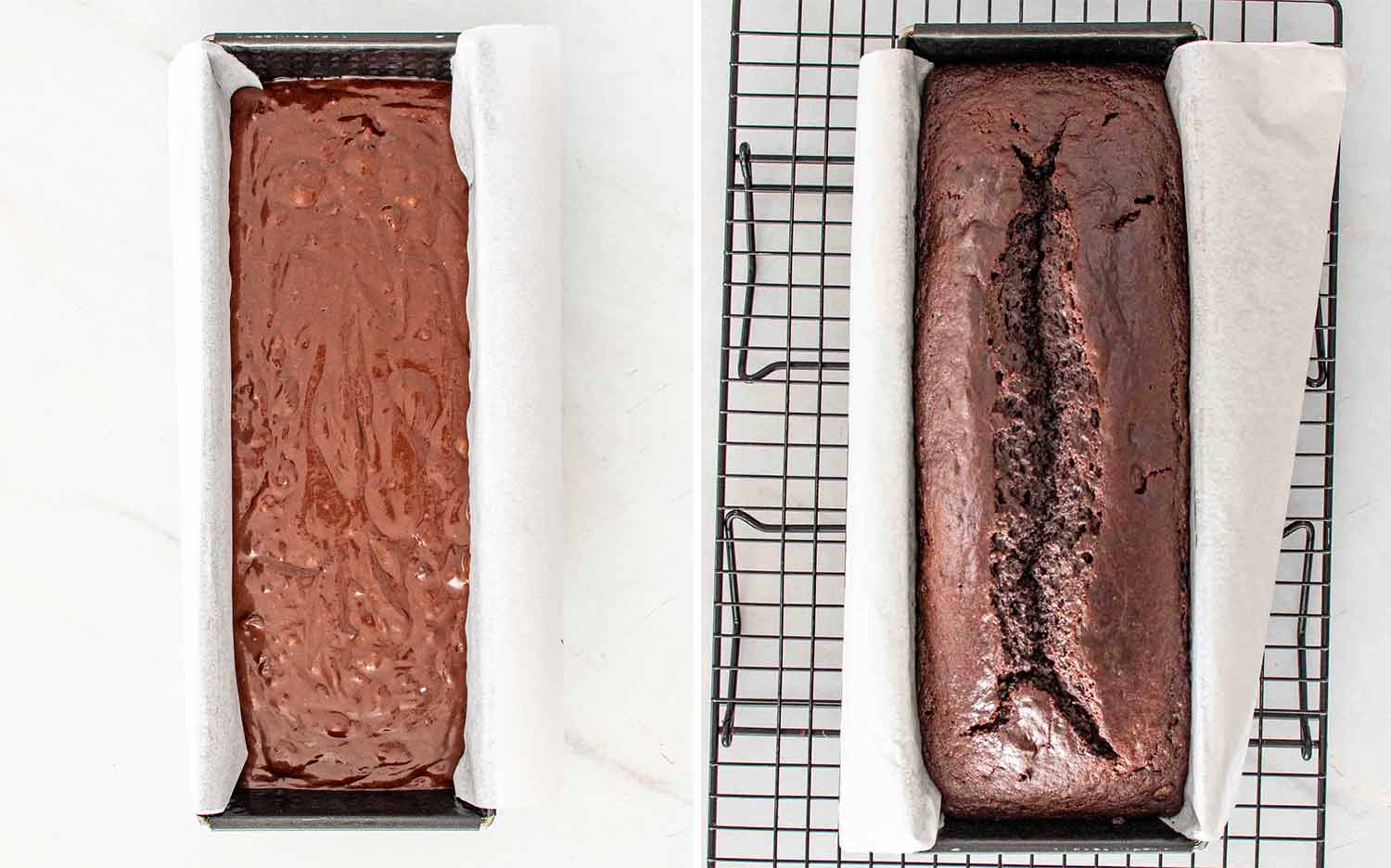 process shots showing how to make double chocolate loaf cake.