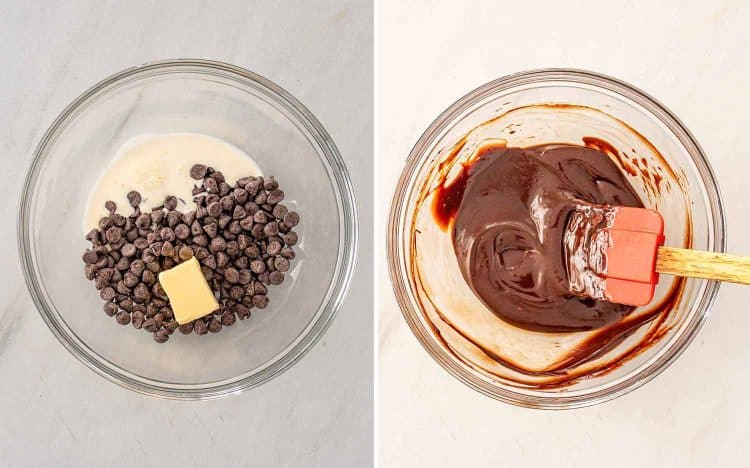 process shots showing how to make double chocolate loaf cake.
