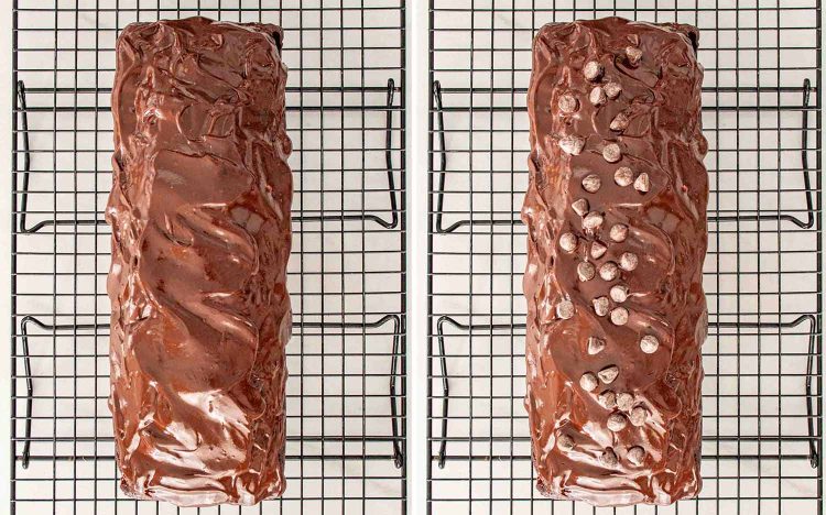 process shots showing how to make double chocolate loaf cake.