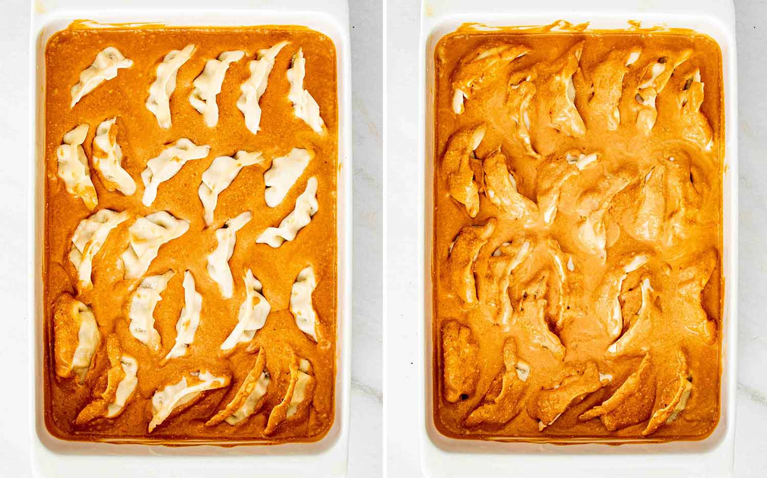 process shots showing how to make one pan dumplings.