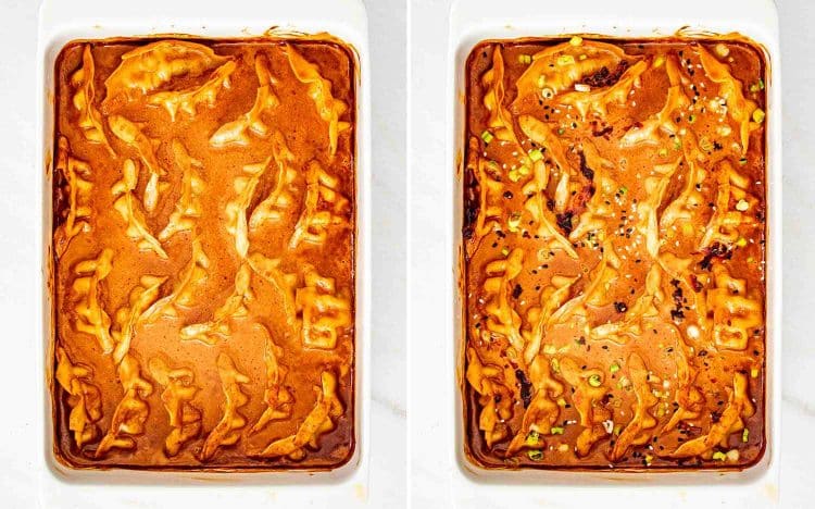 process shots showing how to make one pan dumplings.