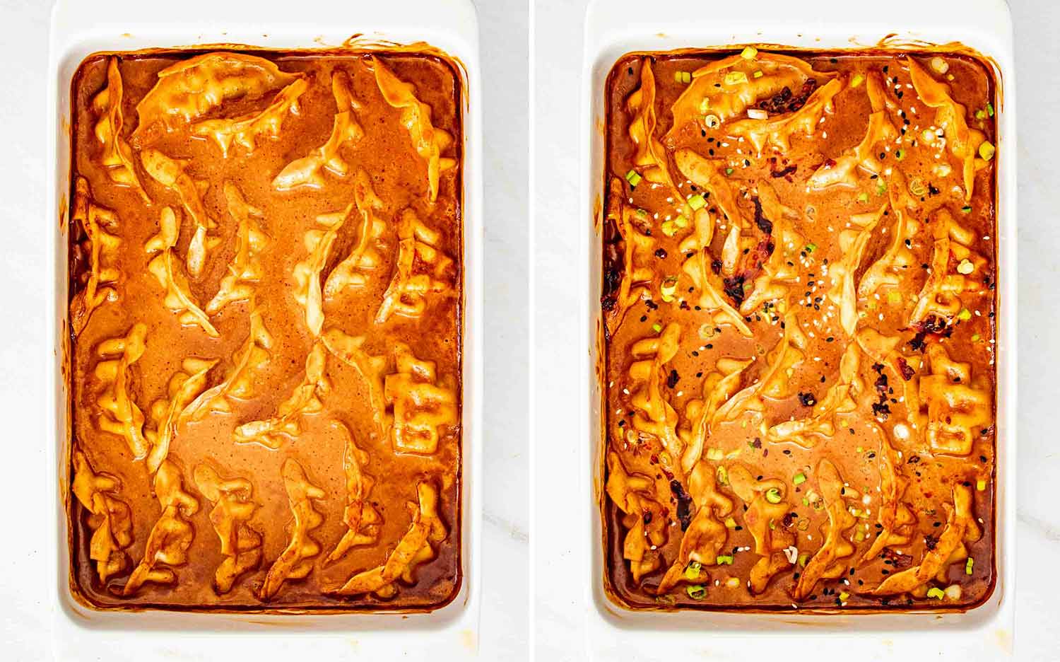 process shots showing how to make one pan dumplings.