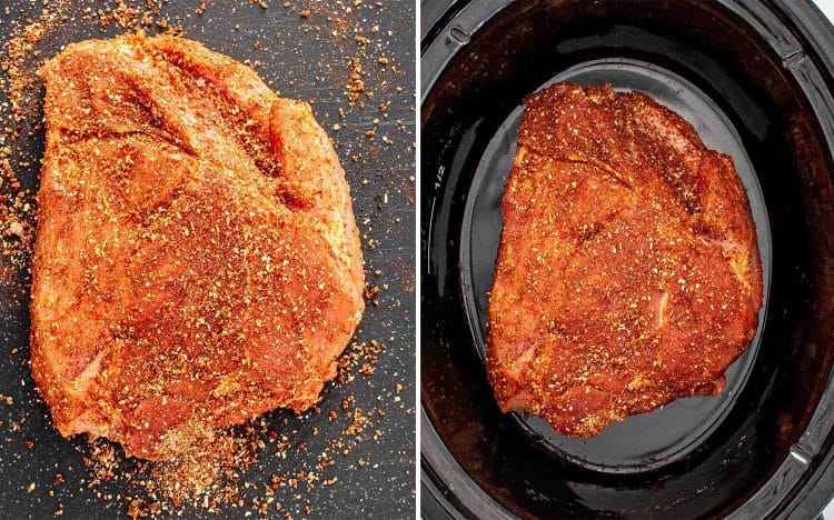 process shots showing how to make slow cooker bbq pork sliders.