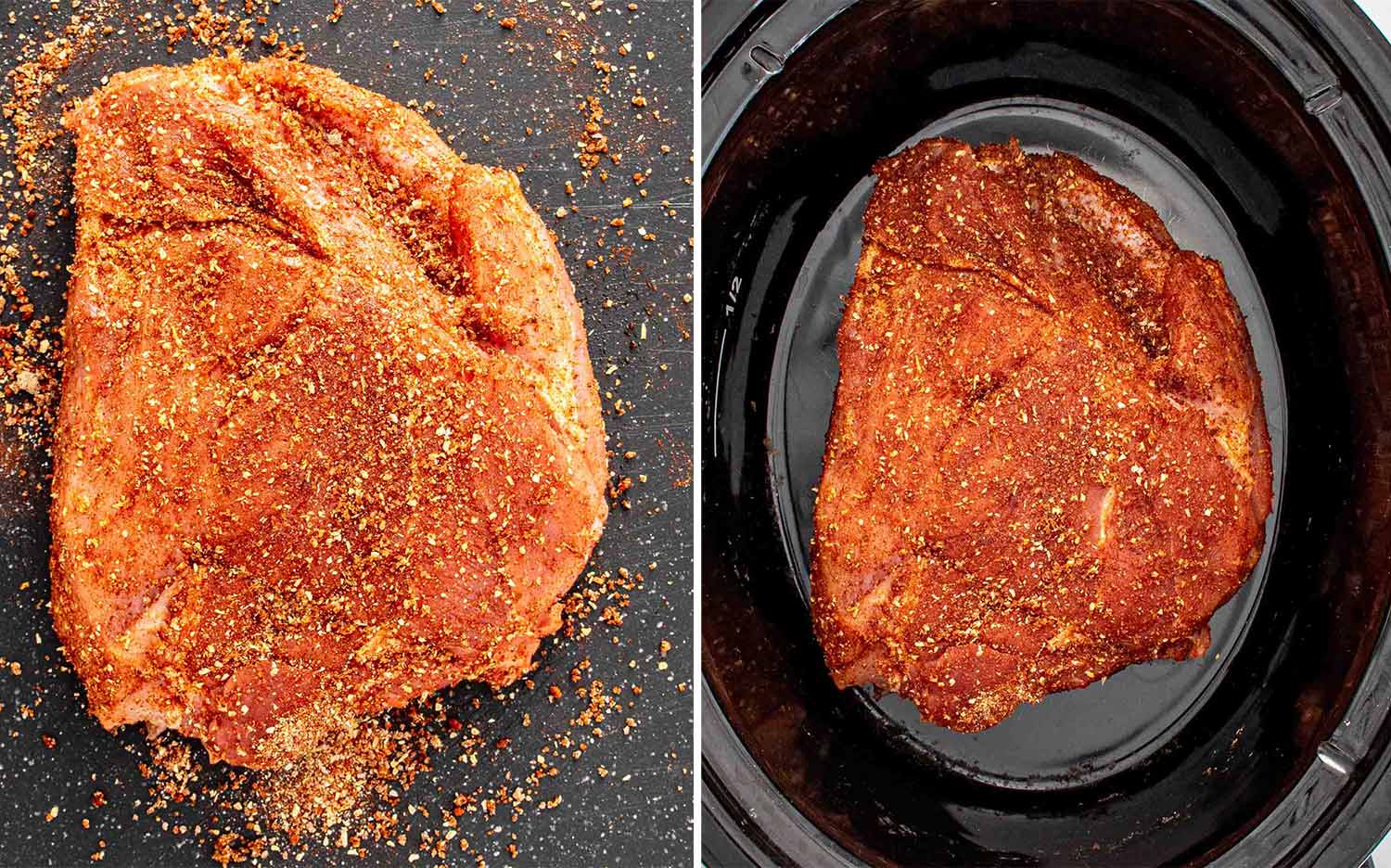 process shots showing how to make slow cooker bbq pork sliders.
