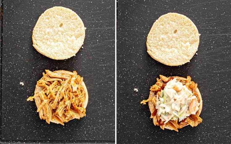 process shots showing how to make slow cooker bbq pork sliders.