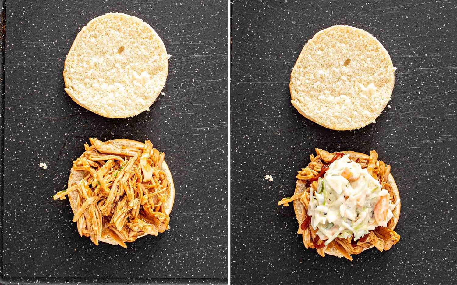 process shots showing how to make slow cooker bbq pork sliders.