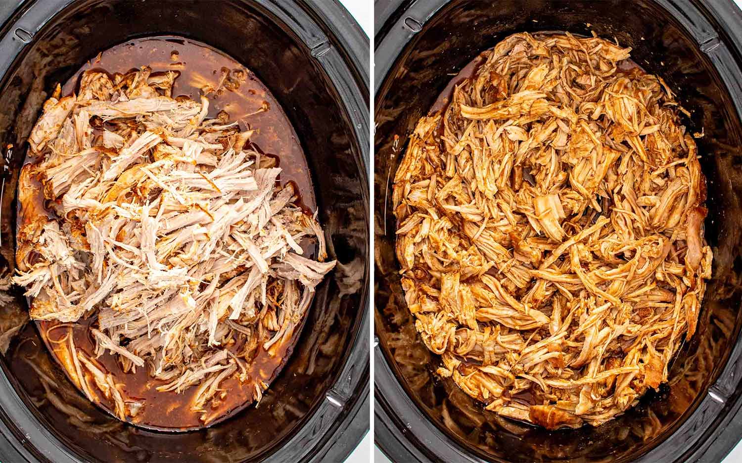 process shots showing how to make slow cooker bbq pork sliders.