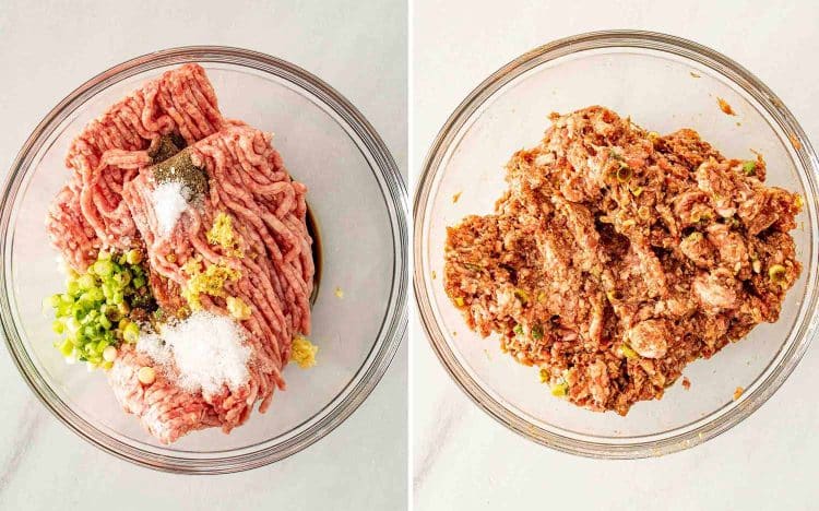 process shots showing how to make smashed dumpling tacos.