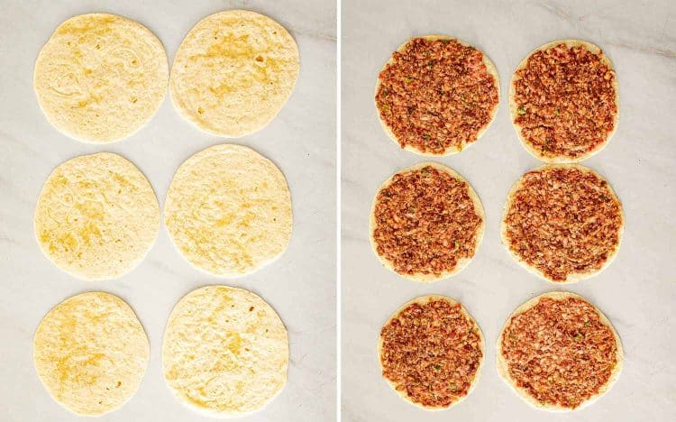process shots showing how to make smashed dumpling tacos.