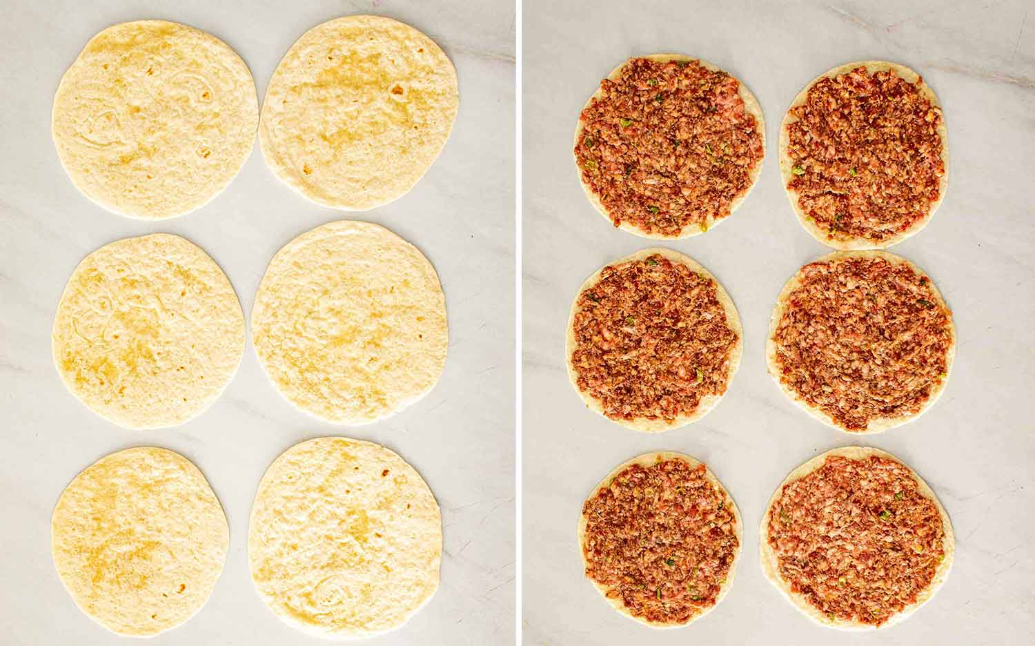 process shots showing how to make smashed dumpling tacos.