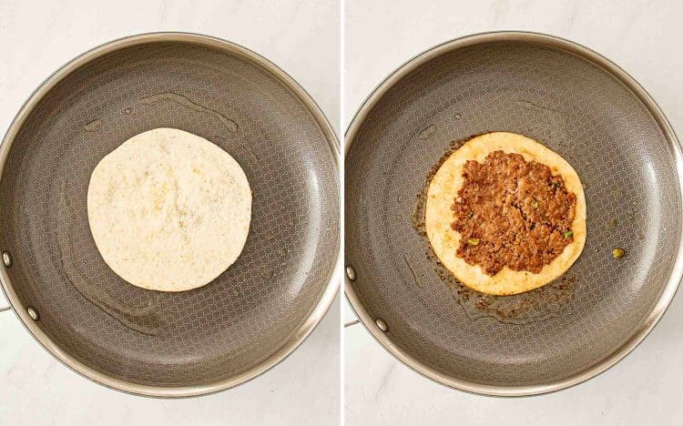 process shots showing how to make smashed dumpling tacos.