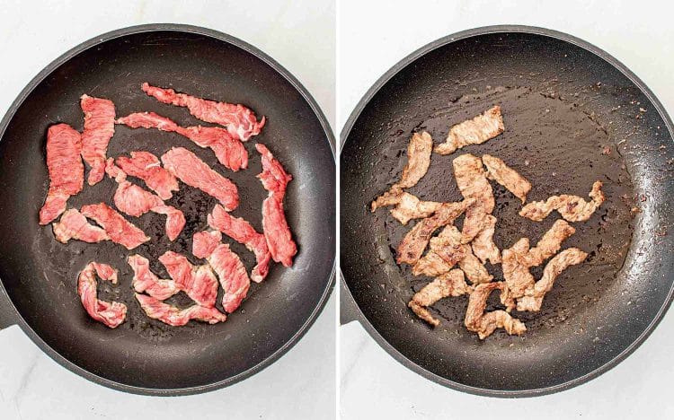 process shots showing how to make steak and mushrooms skillet.