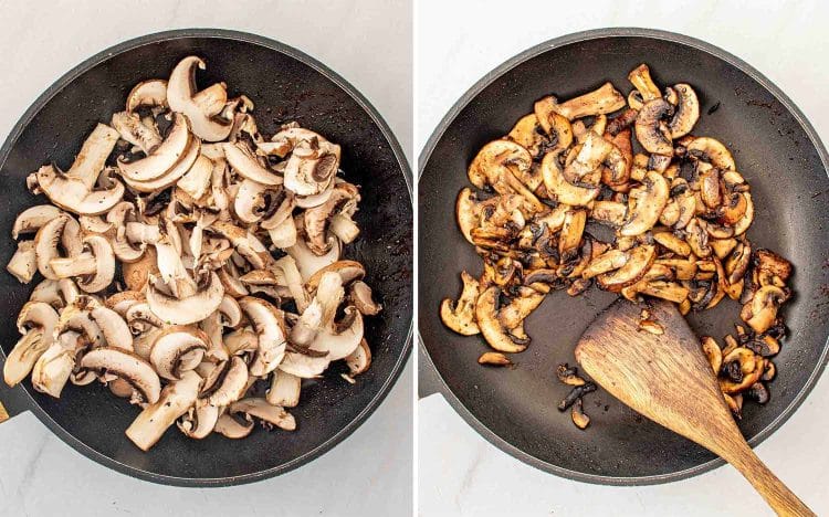process shots showing how to make steak and mushrooms skillet.