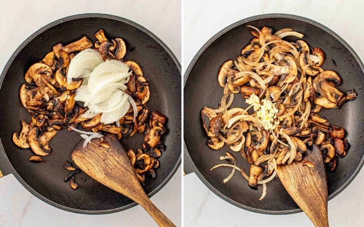 process shots showing how to make steak and mushrooms skillet.