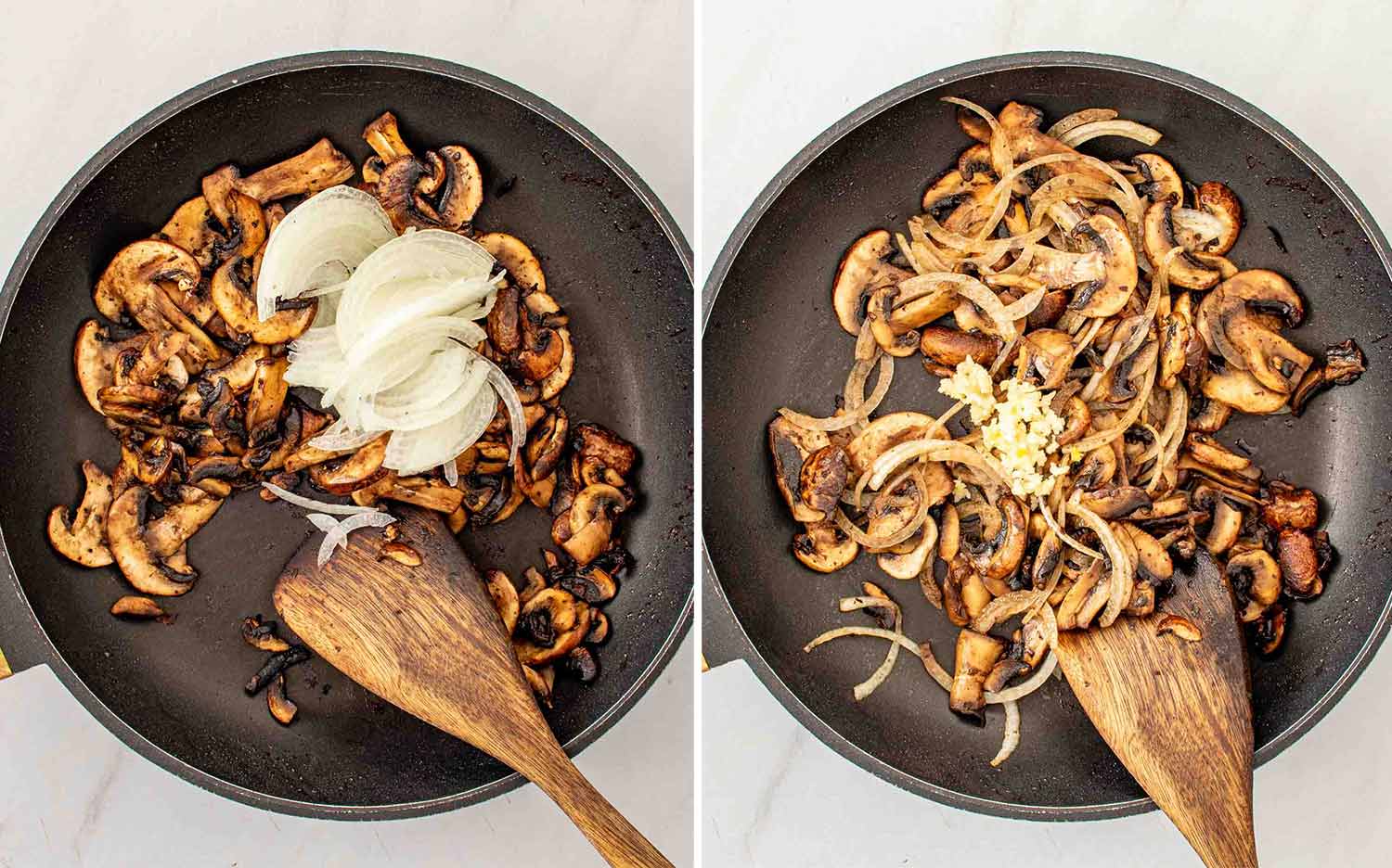 process shots showing how to make steak and mushrooms skillet.