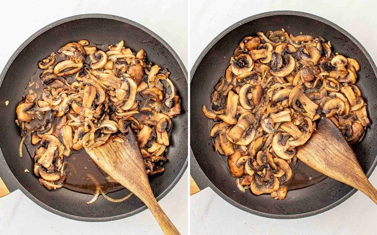 process shots showing how to make steak and mushrooms skillet.