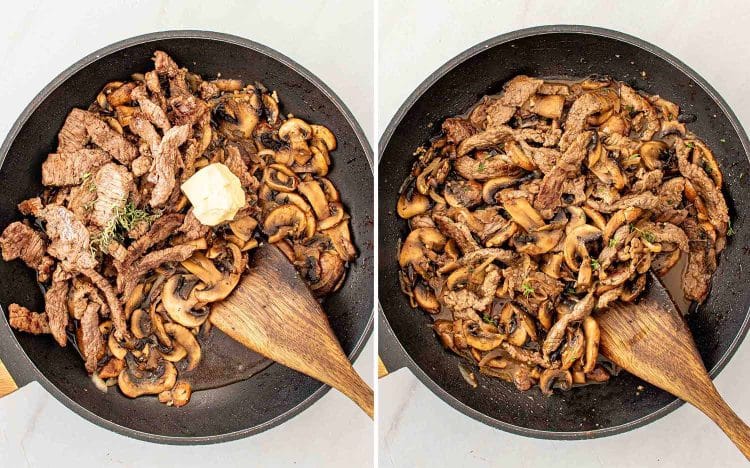 process shots showing how to make steak and mushrooms skillet.