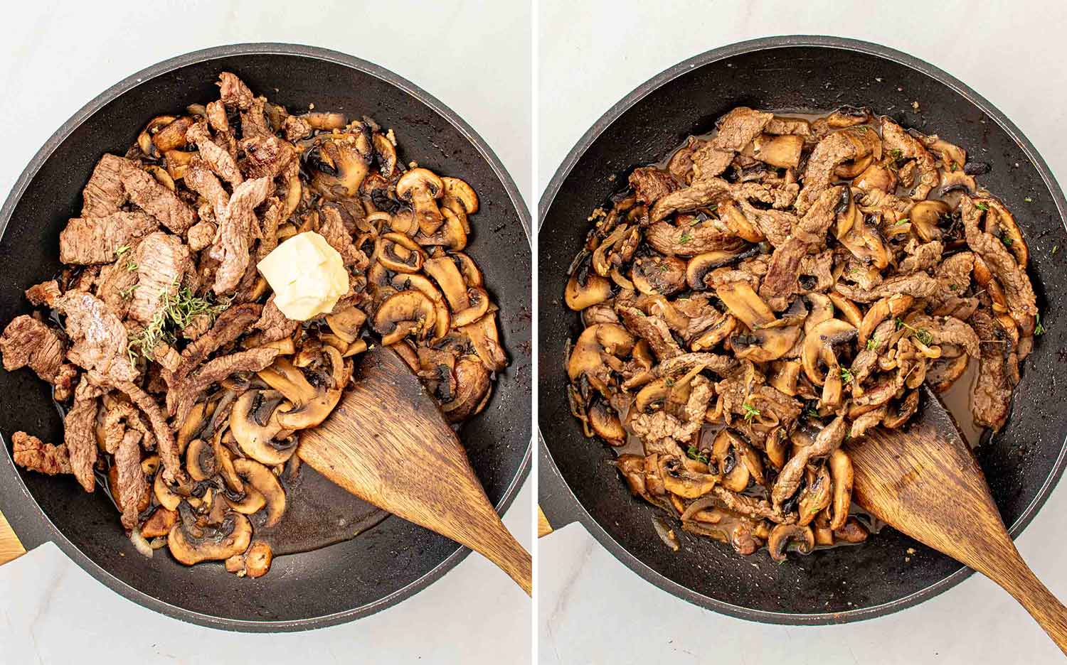 process shots showing how to make steak and mushrooms skillet.