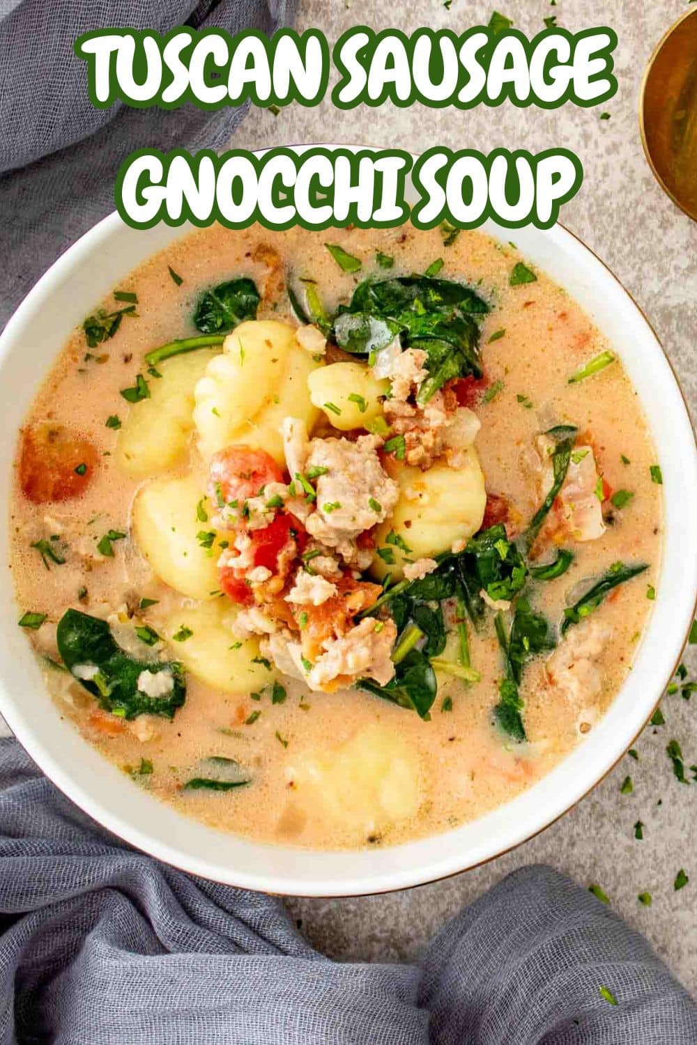 pin for tuscan sausage gnocchi soup.