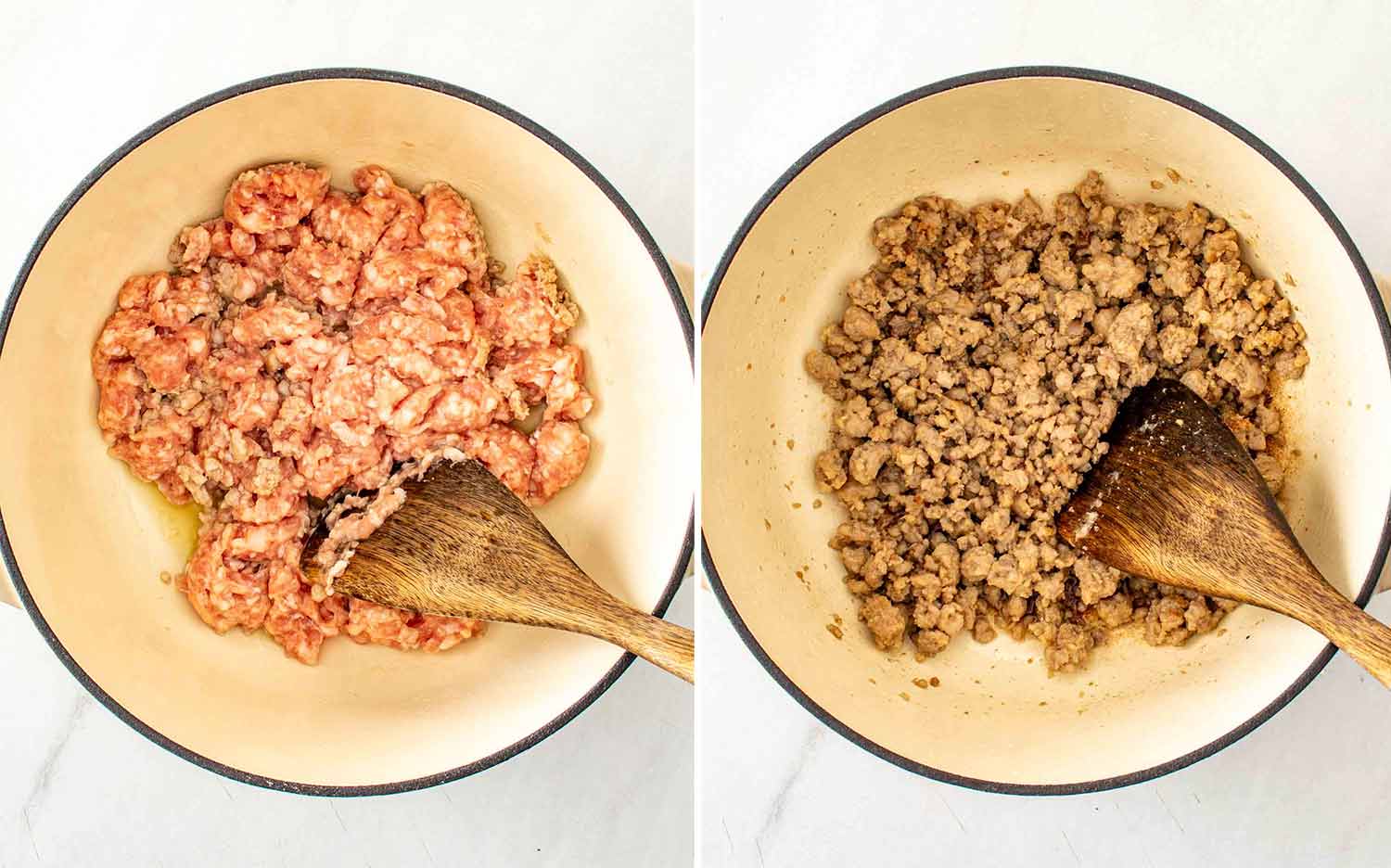 process shots showing how to make tuscan sausage gnocchi soup.