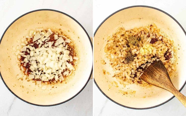 process shots showing how to make tuscan sausage gnocchi soup.