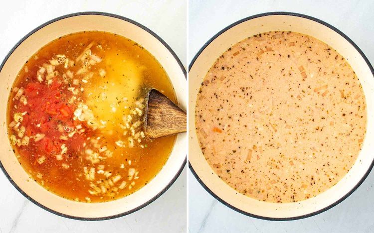 process shots showing how to make tuscan sausage gnocchi soup.