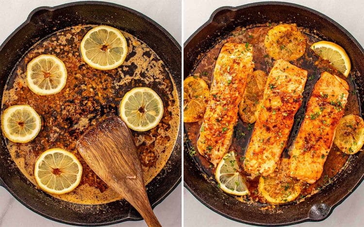 process shots showing how to make cowboy butter salmon.