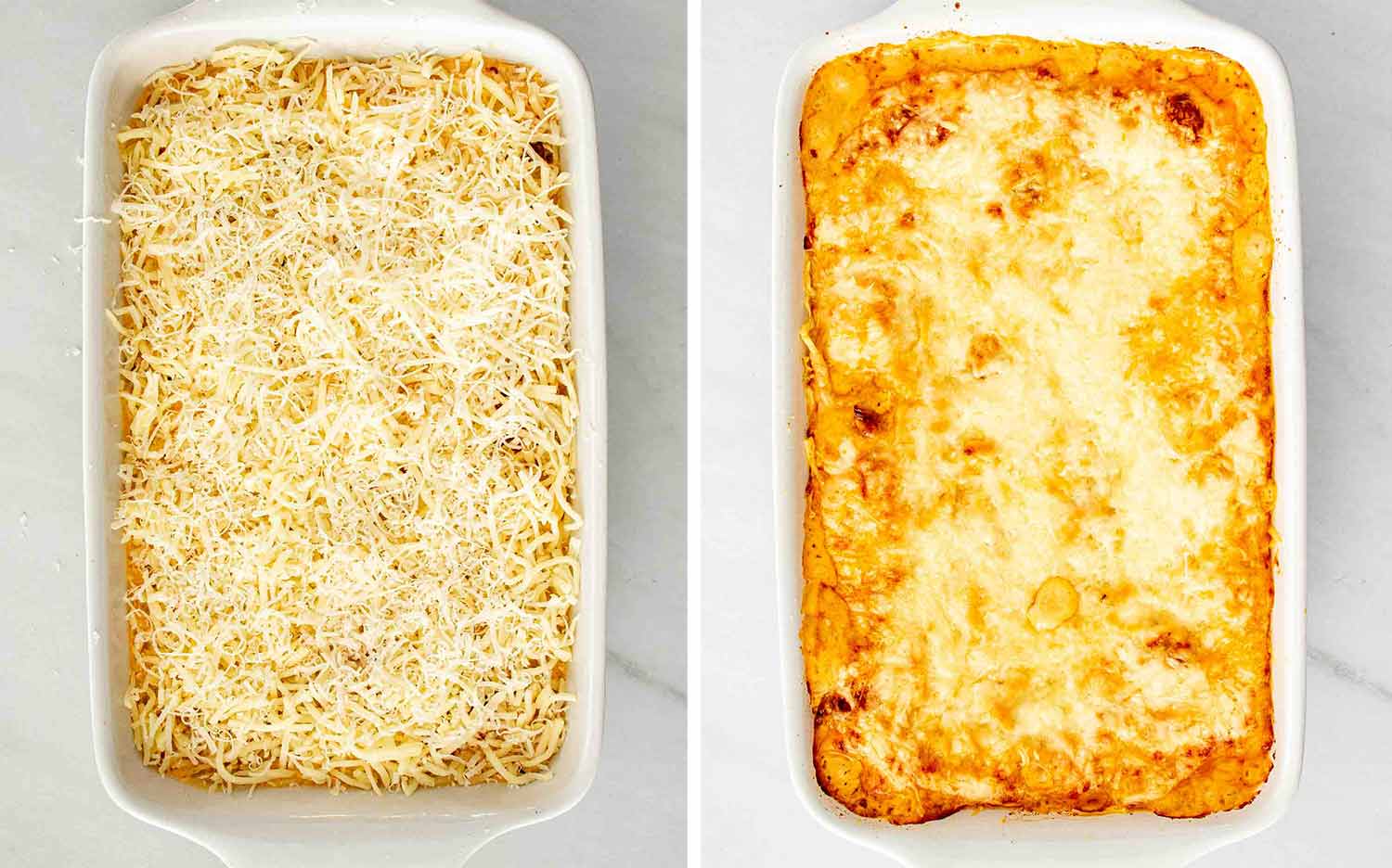 process shots showing how to make marry me baked spaghetti.