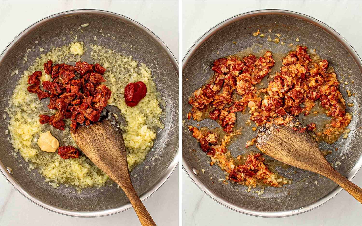 process shots showing how to make marry me baked spaghetti.