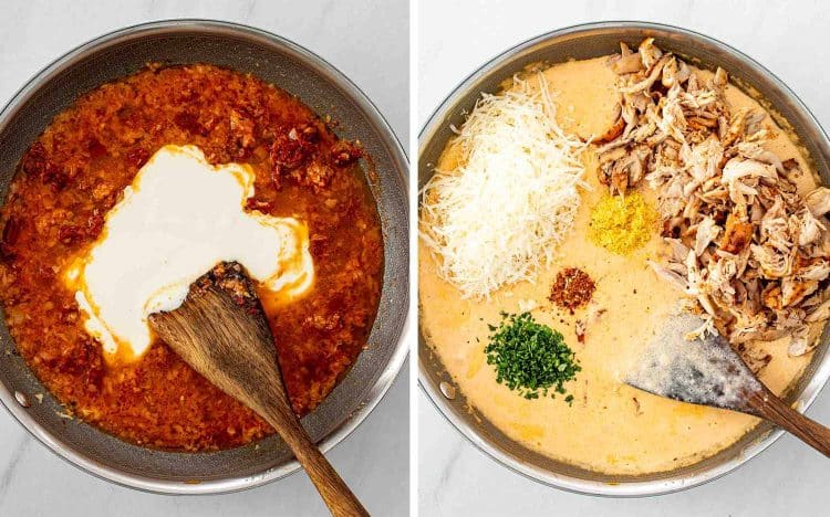 process shots showing how to make marry me baked spaghetti.