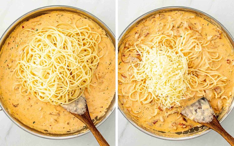 process shots showing how to make marry me baked spaghetti.