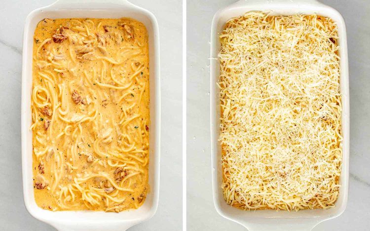 process shots showing how to make marry me baked spaghetti.