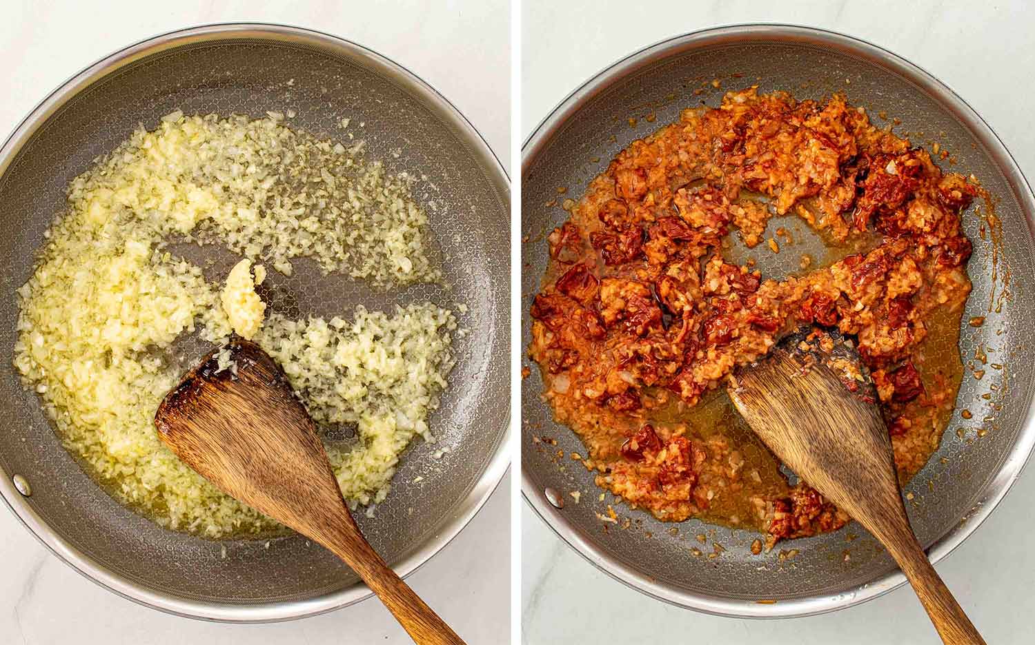 process shots showing how to make marry me baked spaghetti.