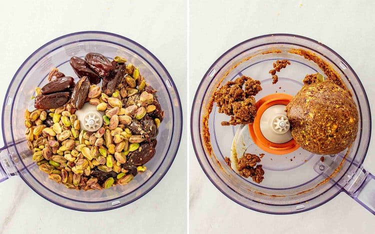 process shots showing how to make pistachio date chocolate balls.