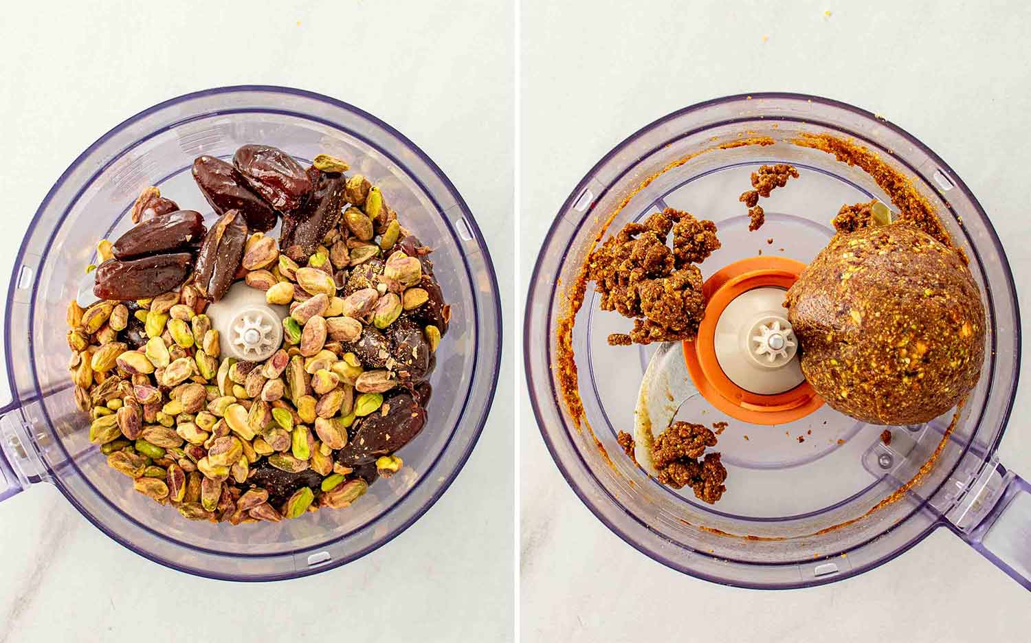 process shots showing how to make pistachio date chocolate balls.