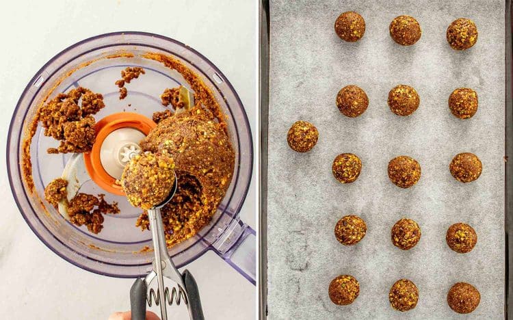 process shots showing how to make pistachio date chocolate balls.