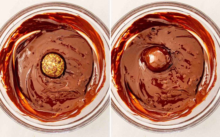 process shots showing how to make pistachio date chocolate balls.