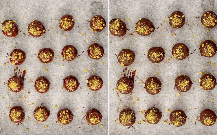 process shots showing how to make pistachio date chocolate balls.