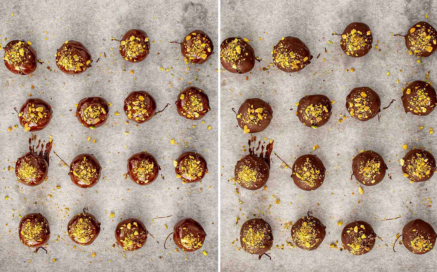 process shots showing how to make pistachio date chocolate balls.