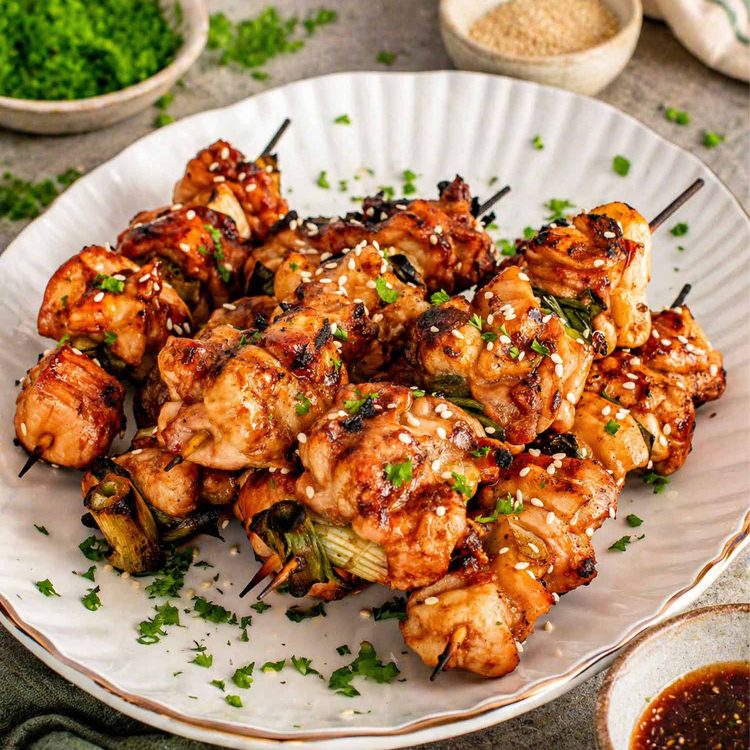 A professional hero shot of several grilled chicken and green onion skewers piled on a white scalloped plate. The chicken is caramelized with a glossy brown glaze and sprinkled with white sesame seeds.