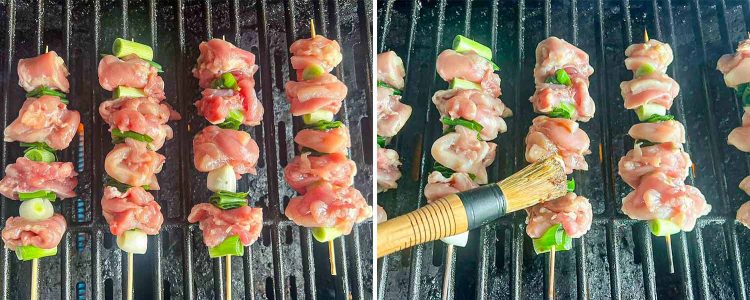 process shots showing how to make chicken yakitori.