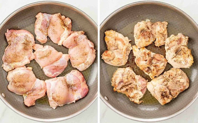 Process shots showing how to make creamy mushroom sun dried tomatoes chicken.