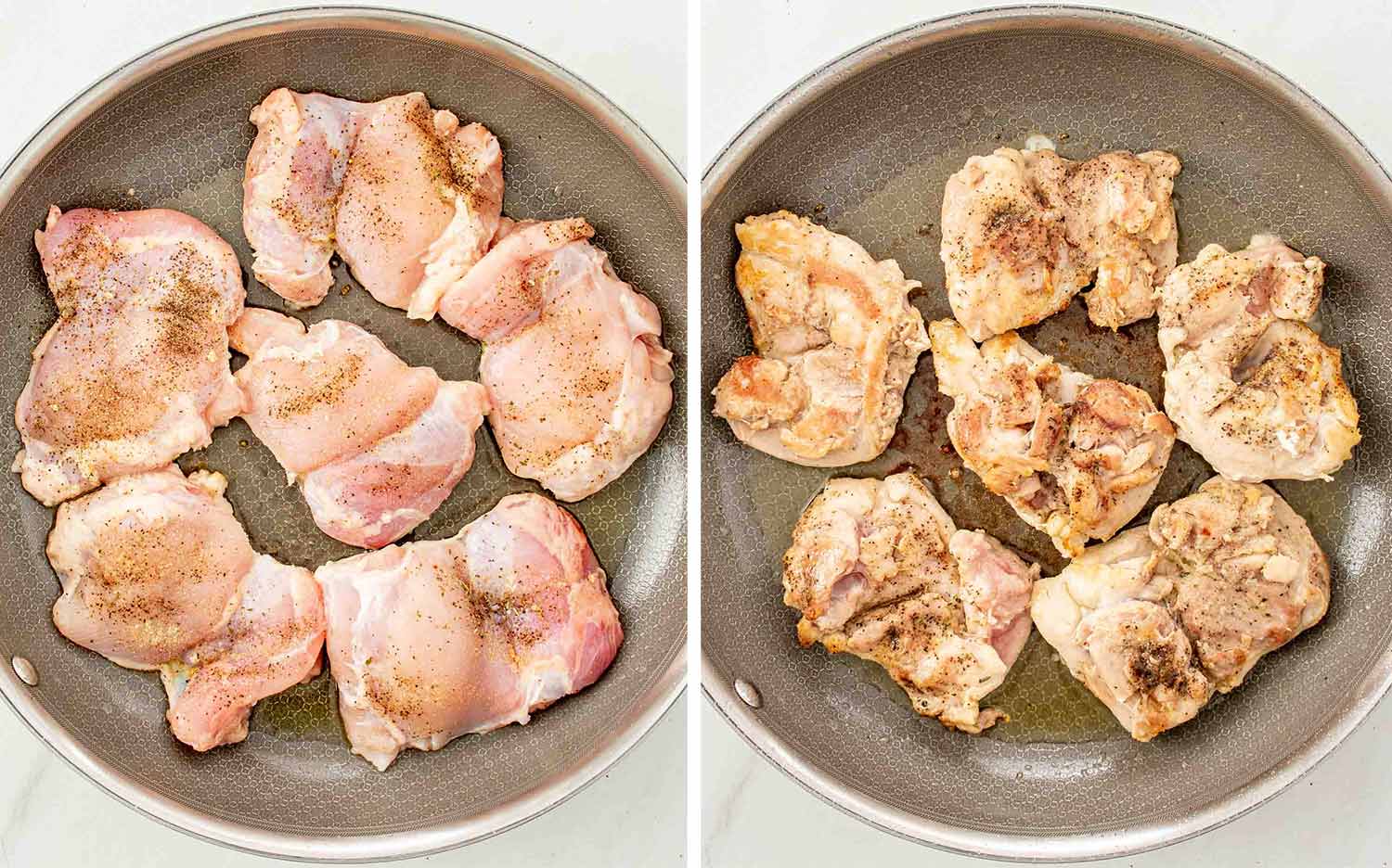 Process shots showing how to make creamy mushroom sun dried tomatoes chicken.
