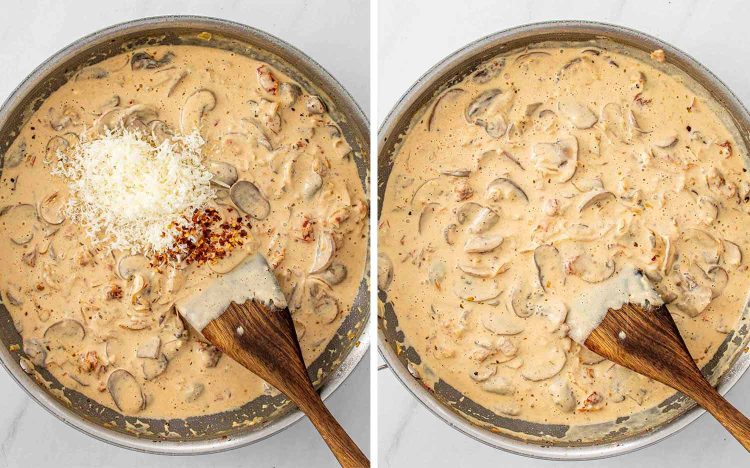 Process shots showing how to make creamy mushroom sun dried tomatoes chicken.