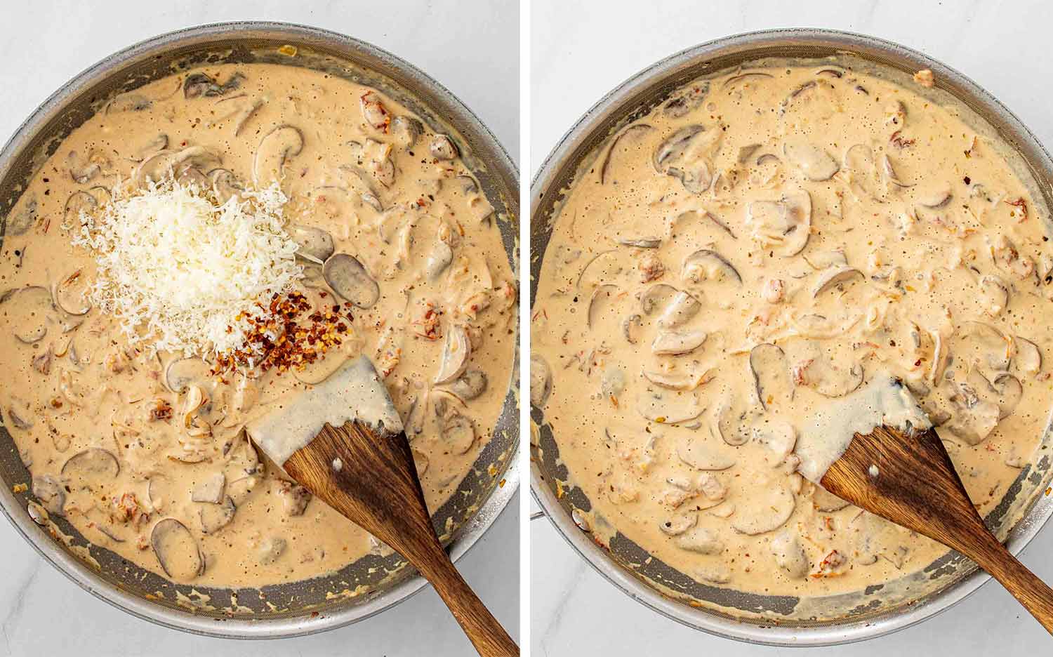 Process shots showing how to make creamy mushroom sun dried tomatoes chicken.