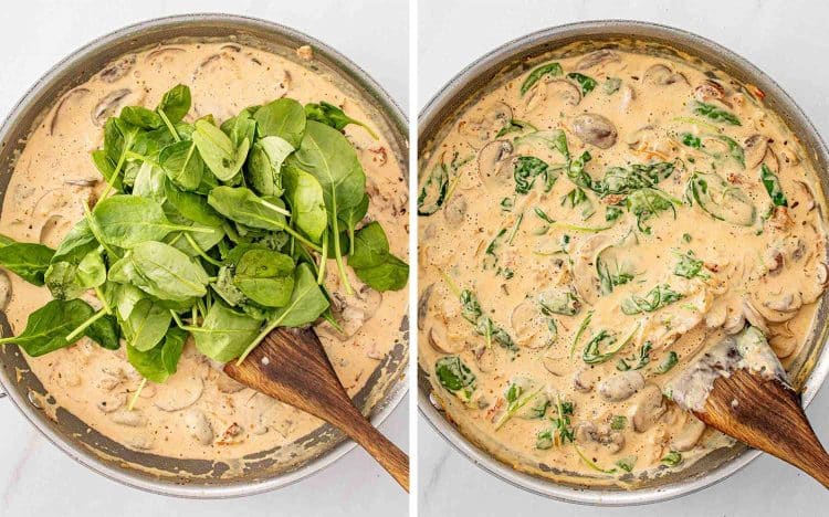 Process shots showing how to make creamy mushroom sun dried tomatoes chicken.